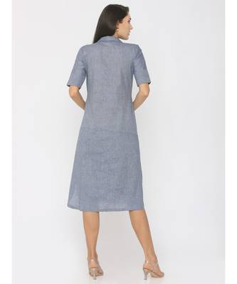 Blue Linen Long Collor Dress with Pockets 2