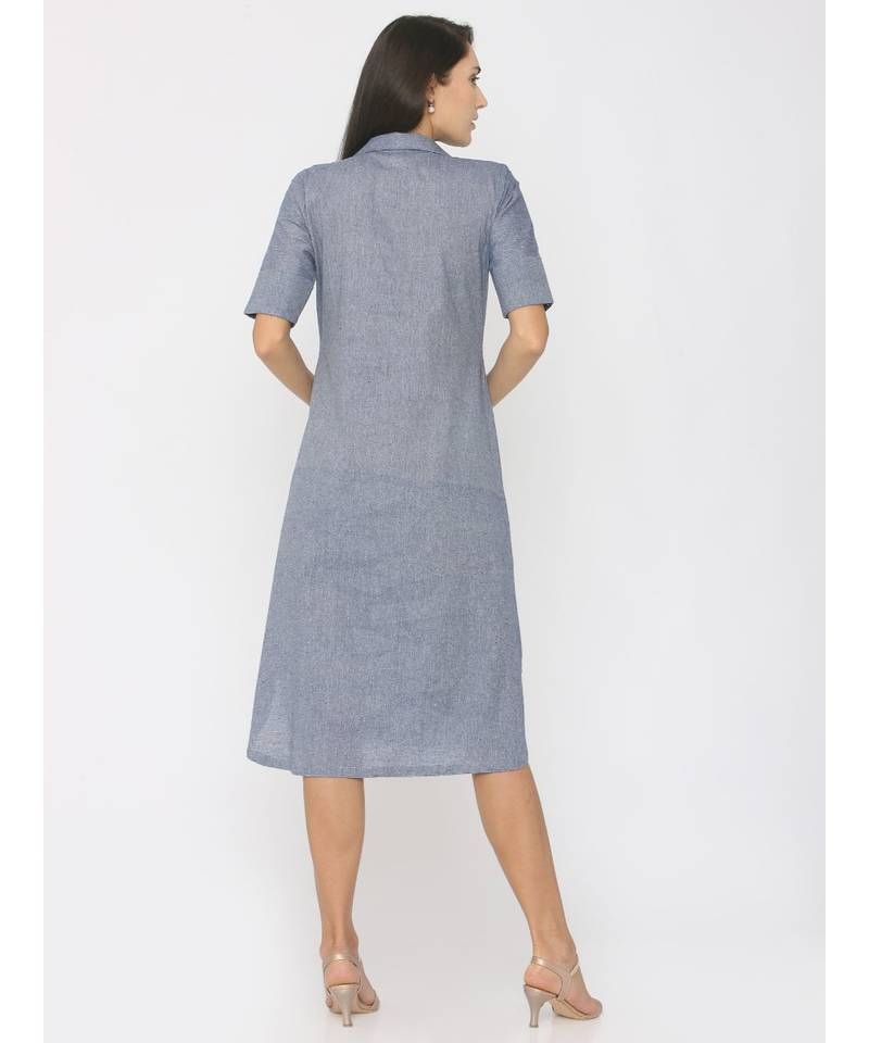 Blue Linen Long Collor Dress with Pockets