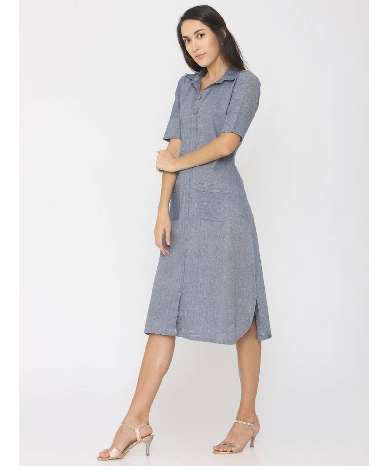Blue Linen Long Collor Dress with Pockets