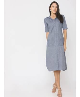 Blue Linen Long Collor Dress with Pockets 4