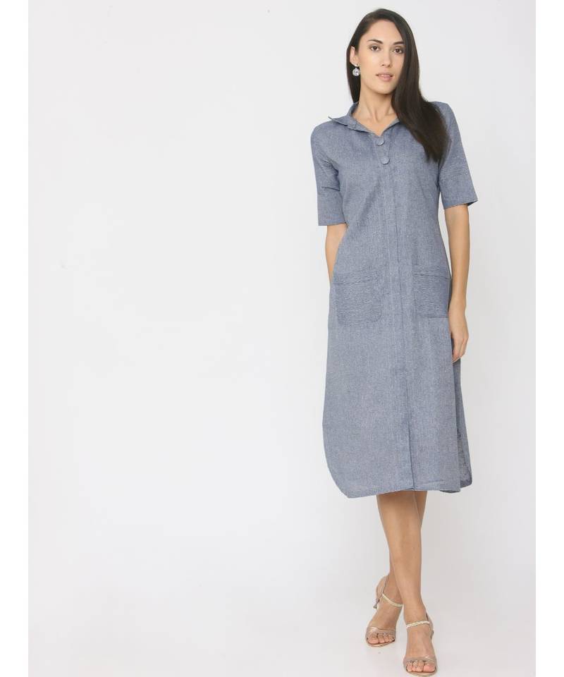 Blue Linen Long Collor Dress with Pockets