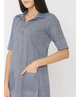 Blue Linen Long Collor Dress with Pockets 5