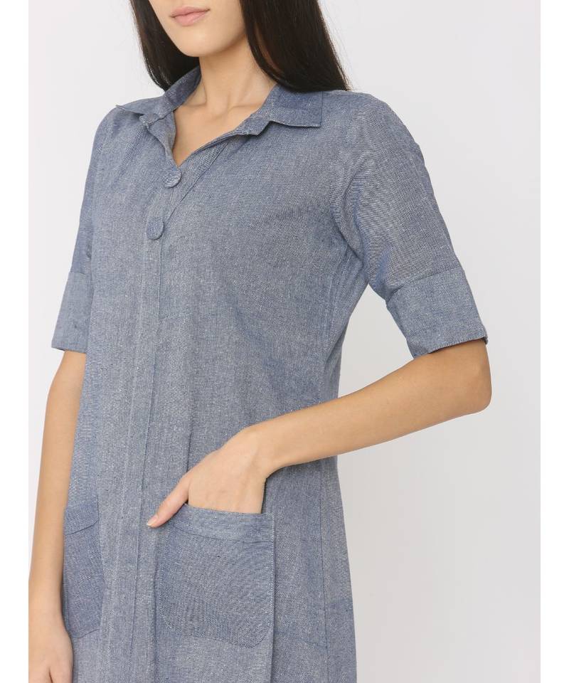Blue Linen Long Collor Dress with Pockets