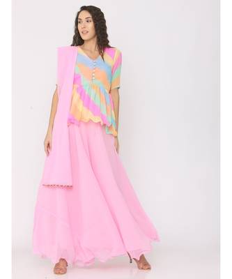 Peplum Rainbow Lehariya Blouse paired with Pink Skirt and Pink Duppatta 1