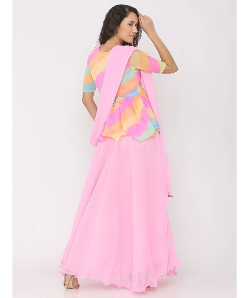 Peplum Rainbow Lehariya Blouse paired with Pink Skirt and Pink Duppatta