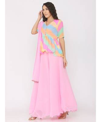Peplum Rainbow Lehariya Blouse paired with Pink Skirt and Pink Duppatta 3