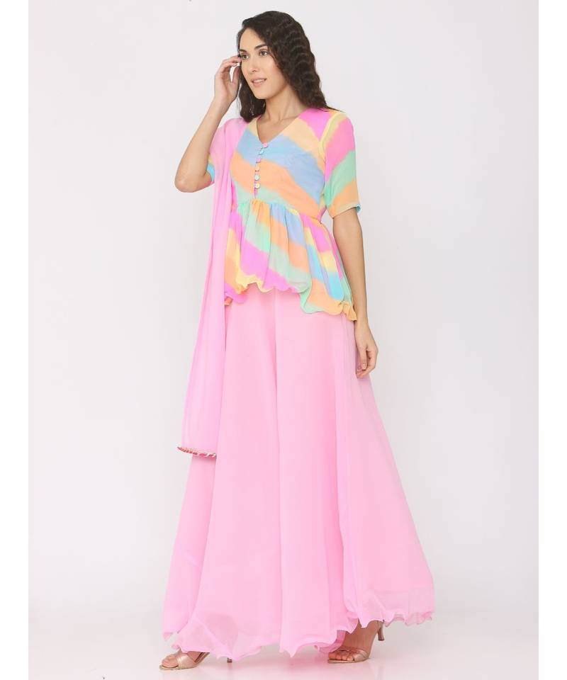 Peplum Rainbow Lehariya Blouse paired with Pink Skirt and Pink Duppatta