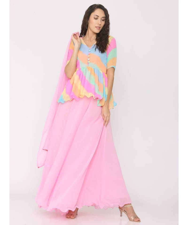 Peplum Rainbow Lehariya Blouse paired with Pink Skirt and Pink Duppatta