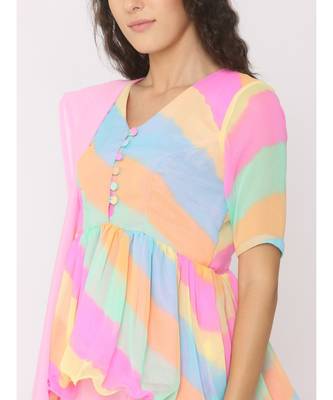 Peplum Rainbow Lehariya Blouse paired with Pink Skirt and Pink Duppatta 5