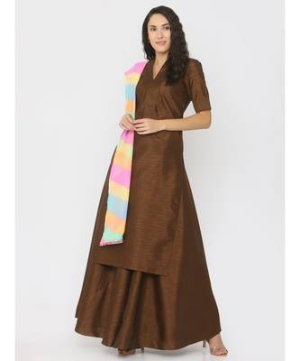 Choclate Brown Silk Kurti paired with Skirt and Rainbow Lehariya Duppatta 1