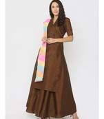 Choclate Brown Silk Kurti paired with Skirt and Rainbow Lehariya Duppatta