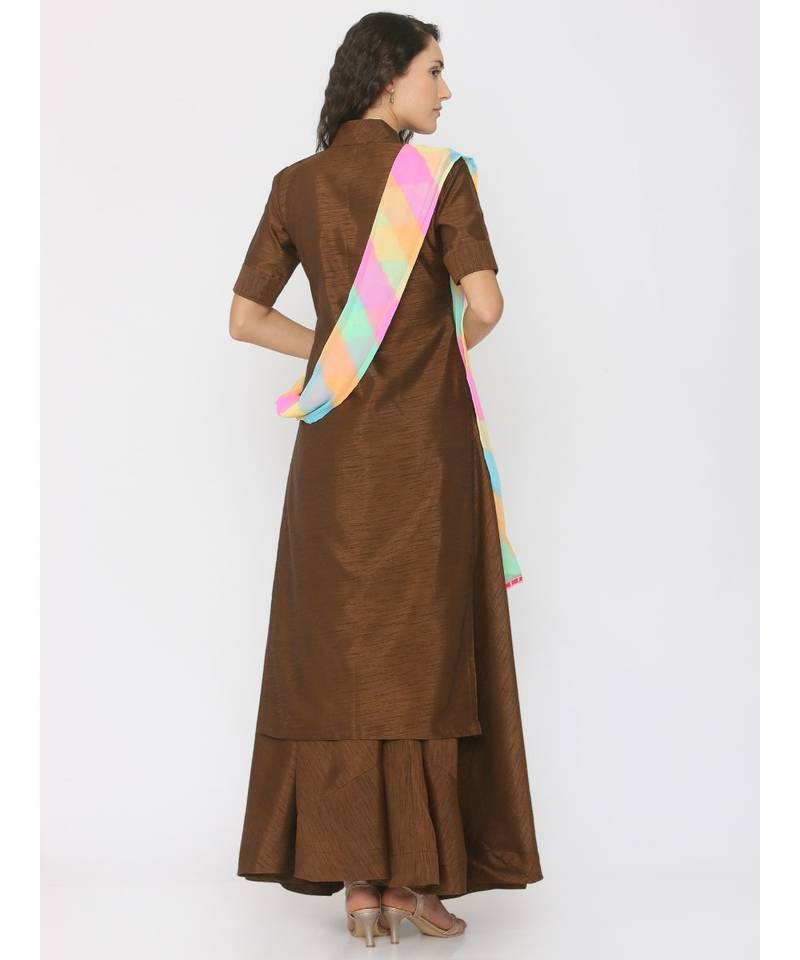 Choclate Brown Silk Kurti paired with Skirt and Rainbow Lehariya Duppatta