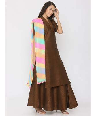 Choclate Brown Silk Kurti paired with Skirt and Rainbow Lehariya Duppatta 3