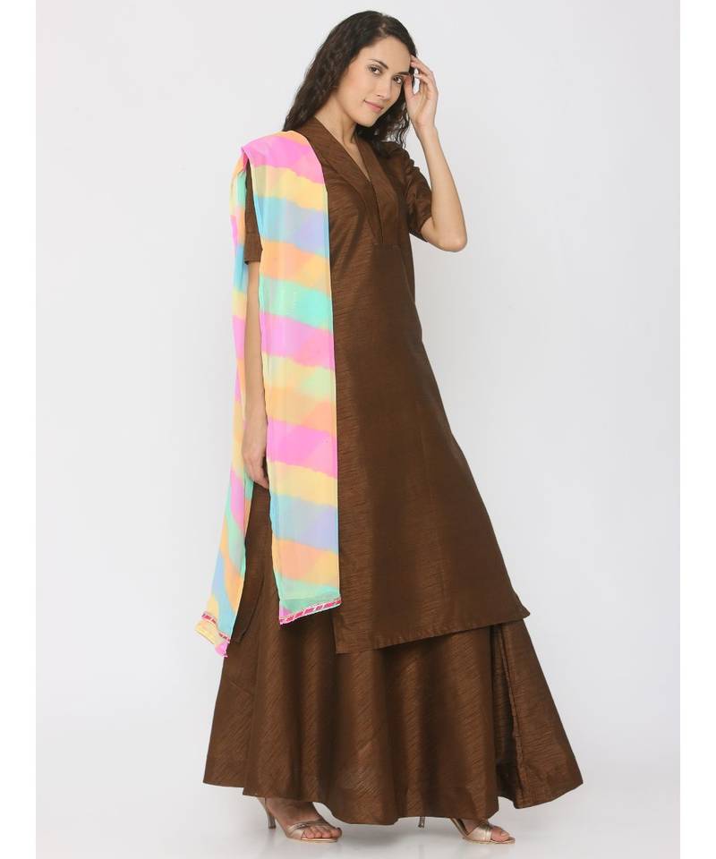 Choclate Brown Silk Kurti paired with Skirt and Rainbow Lehariya Duppatta