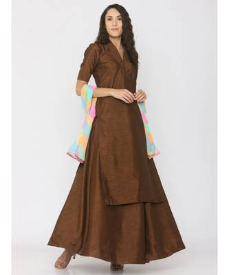 Choclate Brown Silk Kurti paired with Skirt and Rainbow Lehariya Duppatta 4