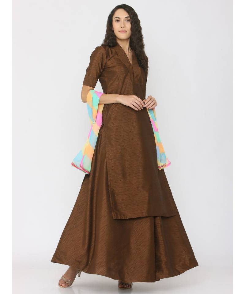 Choclate Brown Silk Kurti paired with Skirt and Rainbow Lehariya Duppatta