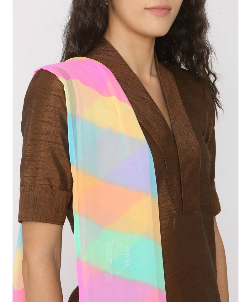 Choclate Brown Silk Kurti paired with Skirt and Rainbow Lehariya Duppatta