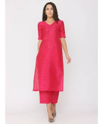 Fuschsia Pink Silk V Neck Plain Kurti with palazzo 1