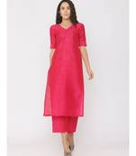 Fuschsia Pink Silk V Neck Plain Kurti with palazzo