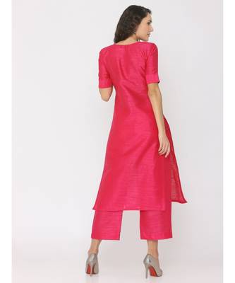 Fuschsia Pink Silk V Neck Plain Kurti with palazzo 2