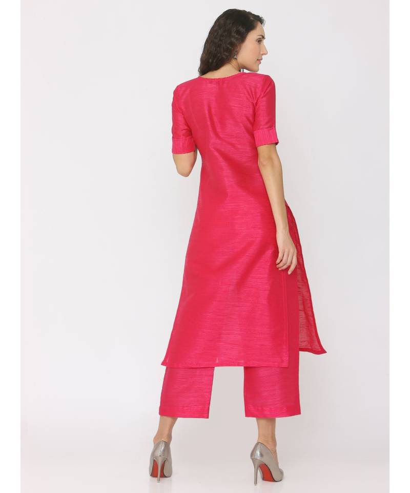 Fuschsia Pink Silk V Neck Plain Kurti with palazzo