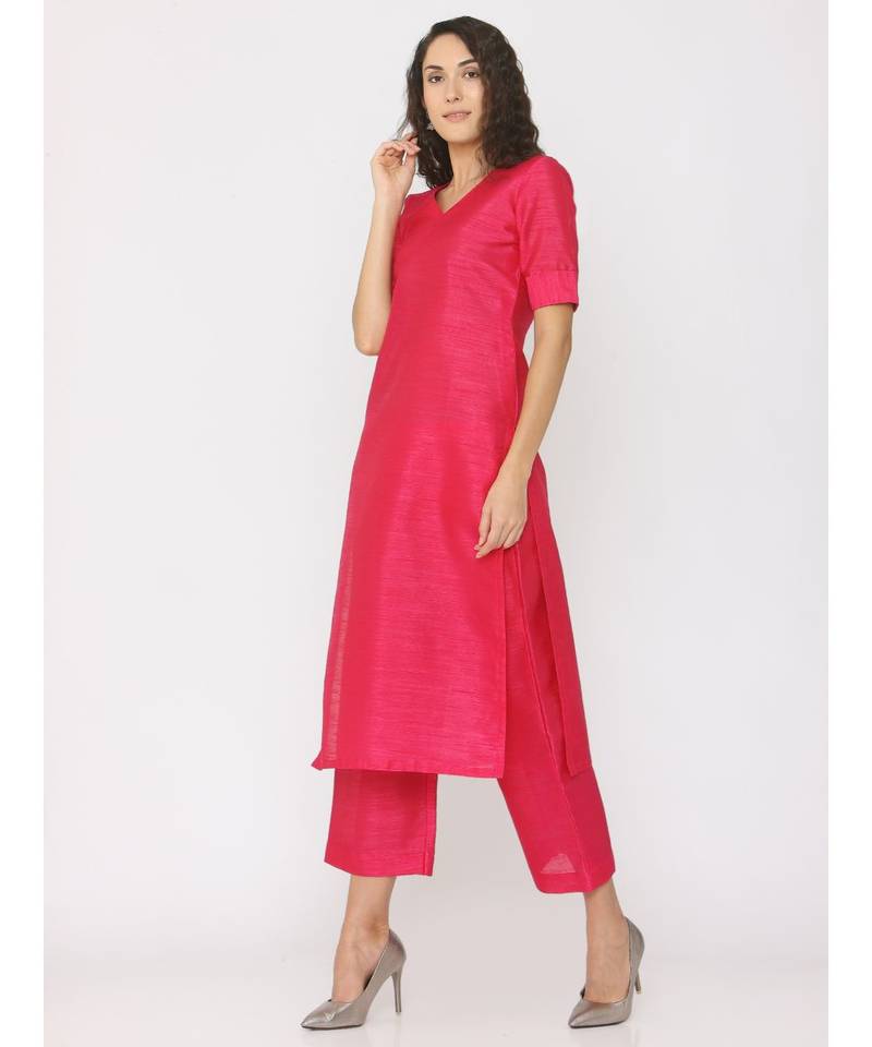 Fuschsia Pink Silk V Neck Plain Kurti with palazzo