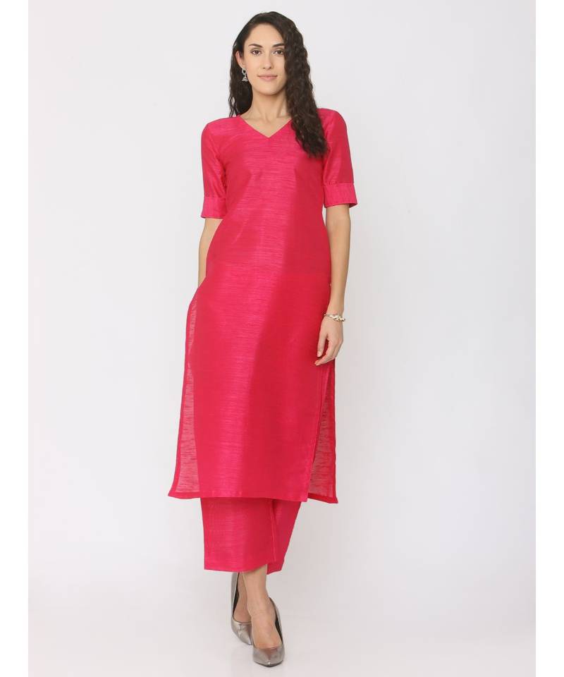 Fuschsia Pink Silk V Neck Plain Kurti with palazzo