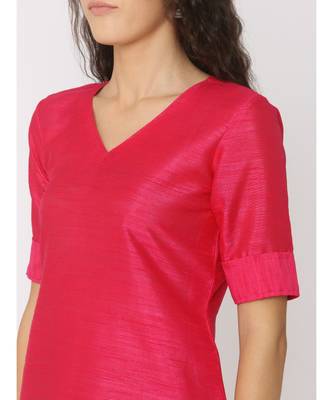 Fuschsia Pink Silk V Neck Plain Kurti with palazzo 5