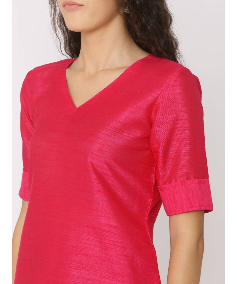 Fuschsia Pink Silk V Neck Plain Kurti with palazzo