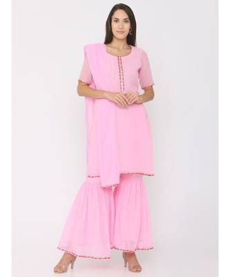 Short Pink Kurti paired with Pink Sharara and Pink Duppatta 1