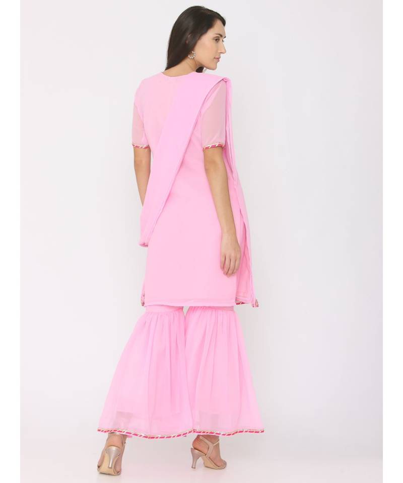 Short Pink Kurti paired with Pink Sharara and Pink Duppatta