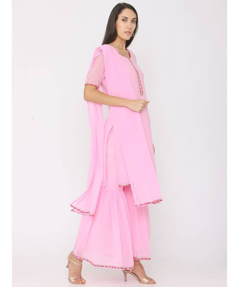 Short Pink Kurti paired with Pink Sharara and Pink Duppatta