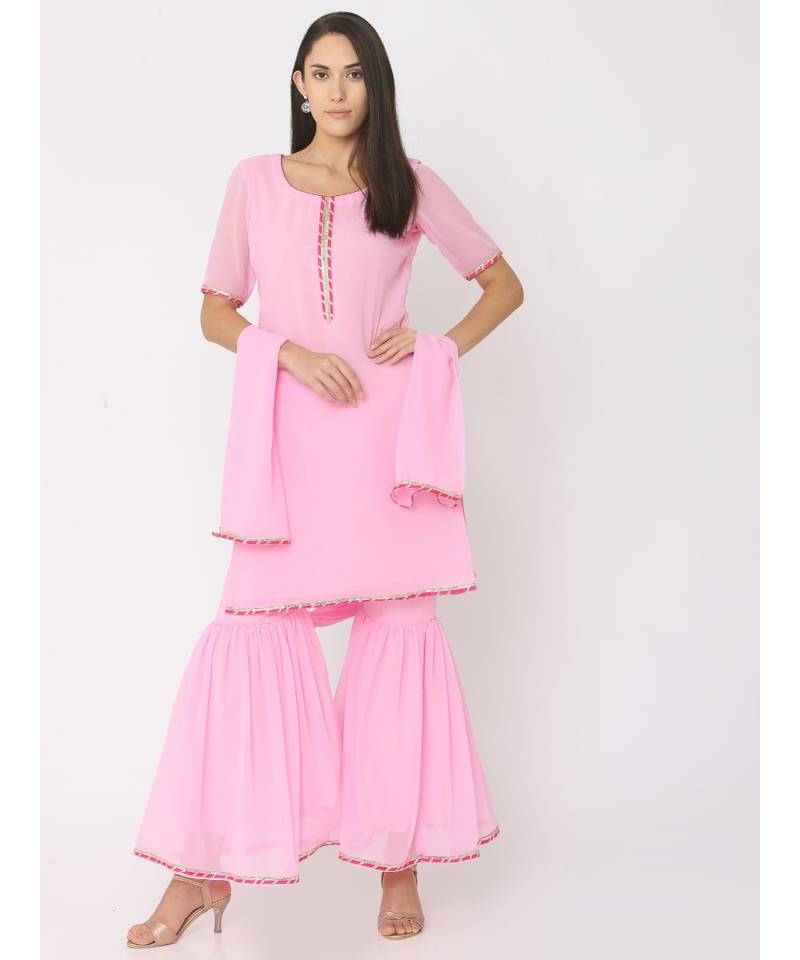 Short Pink Kurti paired with Pink Sharara and Pink Duppatta