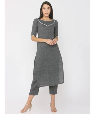 Grey Linen Kurti paired with Silver Gotta on Neck and Trouser 1