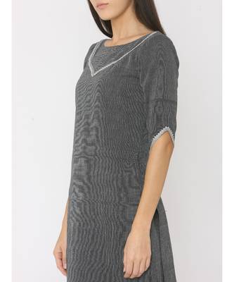 Grey Linen Kurti paired with Silver Gotta on Neck and Trouser 2