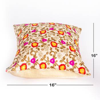 Beige Flower Multi colored |Dupion Silk Embroidery Covers | Set of 2 2