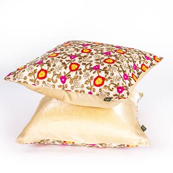 Beige Flower Multi colored |Dupion Silk Embroidery Covers | Set of 2 3