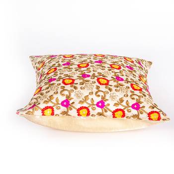 Beige Flower Multi colored |Dupion Silk Embroidery Covers | Set of 2 4