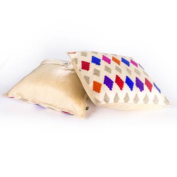 Beige Diamond Multi colored |Dupion Silk Embroidery Covers | Set of 2 3