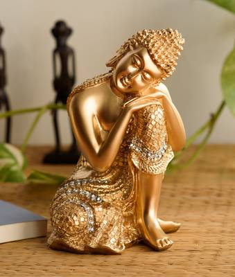 ecraftindia decorative polyresin buddha statue on knee - golden, brown, 8 inches 1