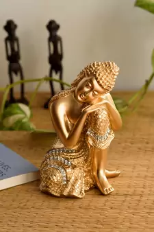 ecraftindia decorative polyresin buddha statue on knee - golden, brown, 8 inches