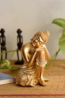 ecraftindia decorative polyresin buddha statue on knee - golden, brown, 8 inches