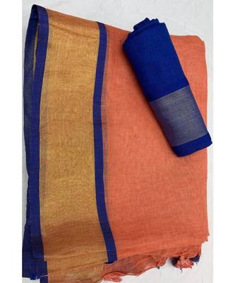 orange woven linen saree with blouse 1