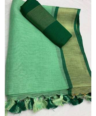 Green Woven Linen Saree With Blouse 1