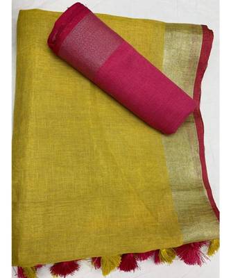 Yellow Woven Linen Saree With Blouse 1