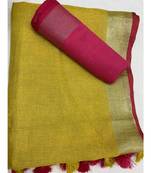 Yellow Woven Linen Saree With Blouse