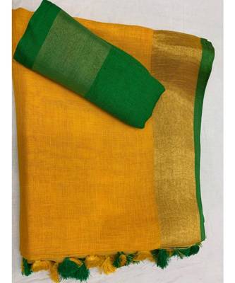 yellow woven linen saree with blouse 1