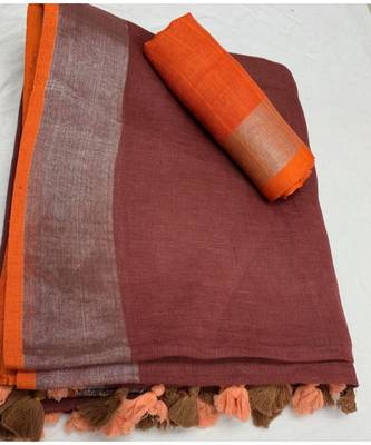 Unitex Fashion Brown Woven Linen Saree With Blouse 1