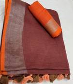 Unitex Fashion Brown Woven Linen Saree With Blouse