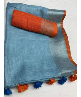 blue woven linen saree with blouse 1